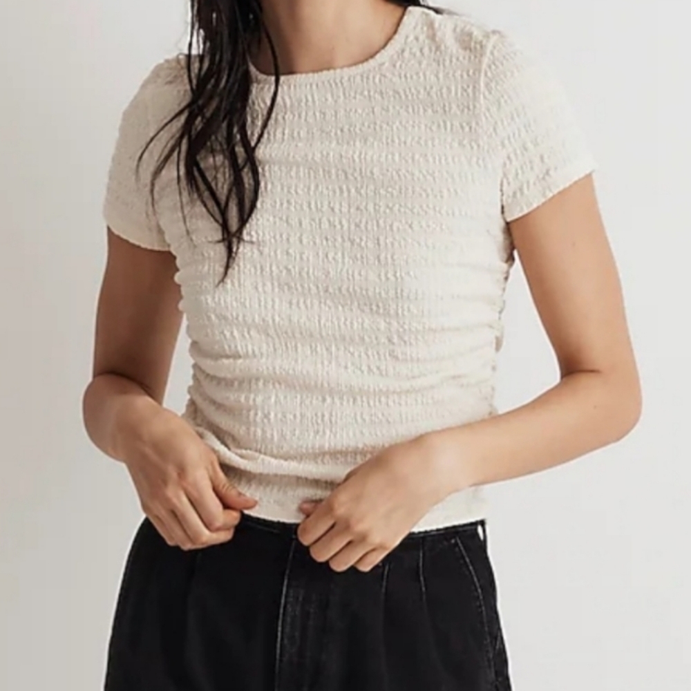 Madewell Ruched Crewneck Tee in Antique Cream size Small NWT